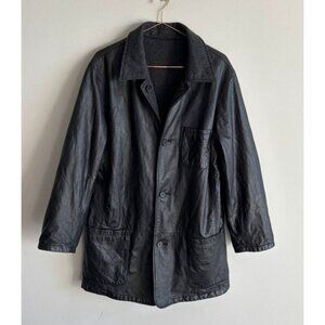 111 State Mens Long Sleeve Reversible Leather Wool Long Jacket Black Sz M/L